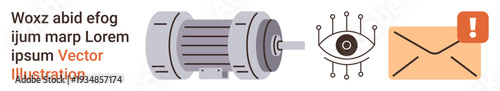 Cybersecurity, vigilance, data encryption, confidential communication, technology operations, surveillance. Eye with circuits, an email icon with alert and a motor. Cybersecurity and surveillance