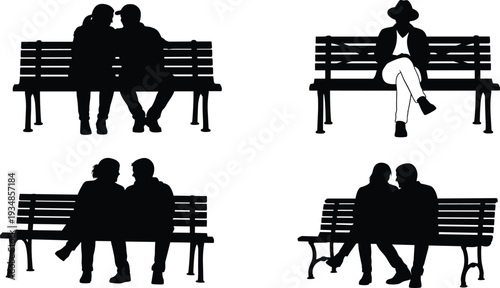 Set of silhouettes featuring couples and individuals sitting on park benches and public seats for urban life and outdoor relaxation.