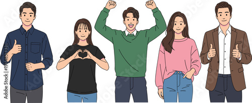 Group of happy young people showing positive gestures and approval signs, teamwork concept illustration isolated on white background design