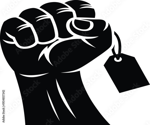Black fist holding a tag in a powerful gesture symbolizing protest or activism