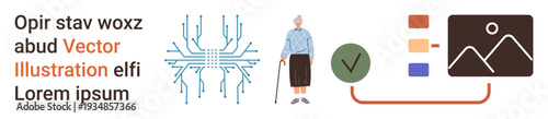 Technological advancements, senior living, data analysis, digital validation, presentation tools, artificial intelligence. Circuit board, elderly person checkmark and data icons. Technology