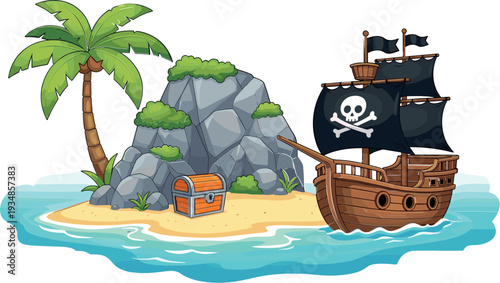 Pirate ship near tropical island vector illustration featuring treasure chest, palm tree and skull flag in cartoon adventure style isolated background