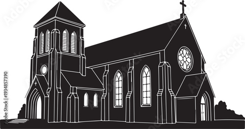 Black and white illustration of a church building exterior