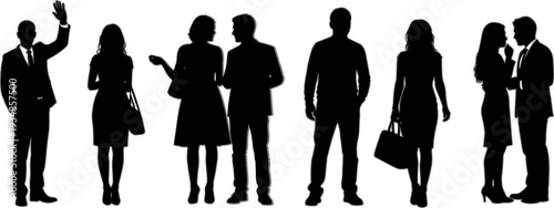 Business people silhouettes collection vector illustration featuring standing, talking and greeting corporate men and women isolated black office worker set