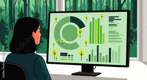 Woman analyzing environmental sustainability data and green business metrics on a computer monitor, with a forest view, illustrating eco-friendly insights.
