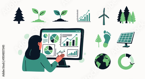 Professional analyzing green energy and environmental sustainability data on computer, surrounded by eco-friendly icons for growth and nature.