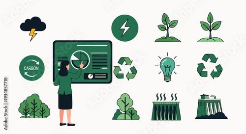 Green energy concept with woman presenting eco-friendly solutions and icons for sustainability and renewable resources.