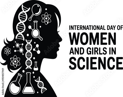 International day of women and girls in science awareness campaign logo with silhouette of womans head filled with science symbols and text