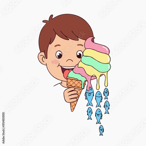 Boy eating melting ice cream cone with fish falling out
