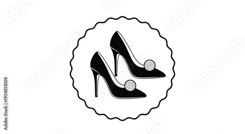 Stylish black and white illustration of elegant high heeled pumps with decorative fluffy poms inside a scalloped circular frame.
