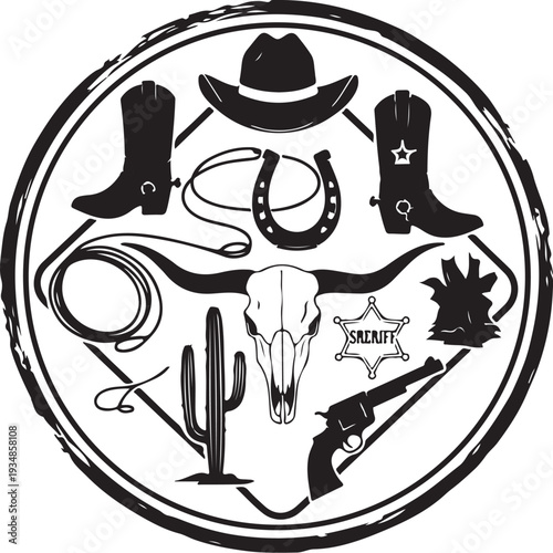 Western Cowboy Iconography and Symbols in Circular Design Layout