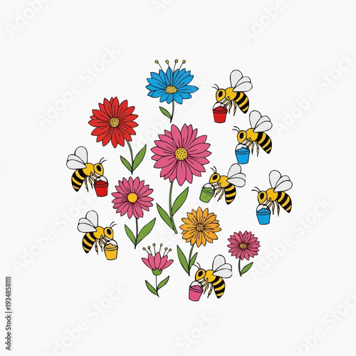 Bees collecting nectar from colorful flowers in a garden