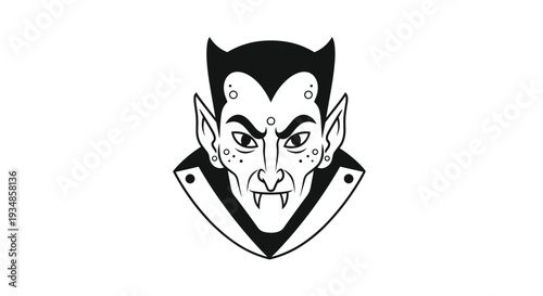 Classic black and white line art illustration of a male vampire face with pointed ears sharp fangs and a high collar raiment.