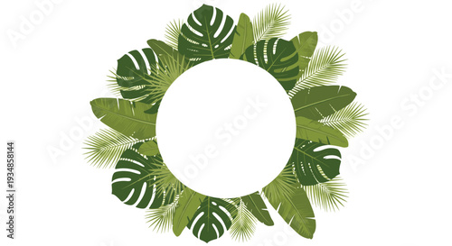 Circular frame design featuring a variety of lush green tropical leaves including monstera and palm fronds on white.