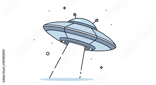 Extraterrestrial spacecraft or ufo flying through a starry night sky while emitting a bright light beam downwards.