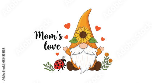 Cute garden gnome wearing a sunflower hat sitting with a ladybug and hearts for a mothers day celebration theme.