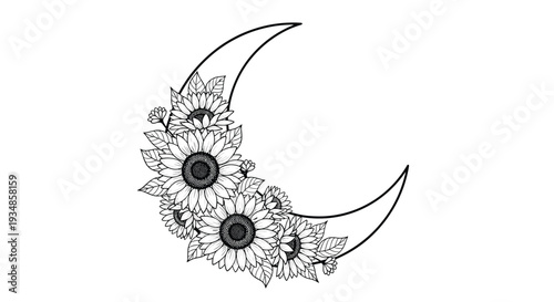 Black and white line art illustration of a crescent moon decorated with beautiful blooming sunflowers and leaves.