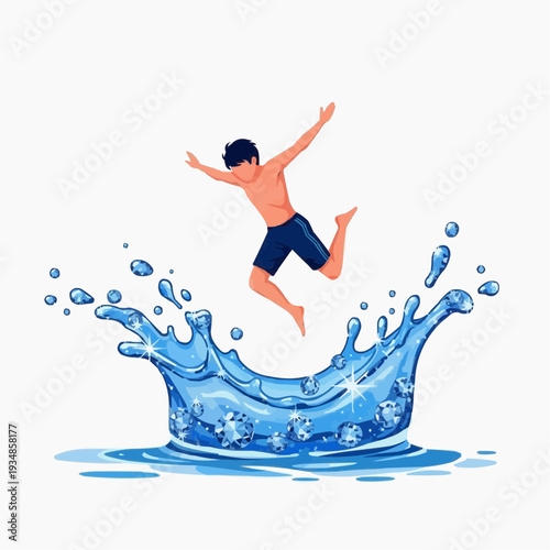 Young boy jumping into sparkling water with diamonds and splashes