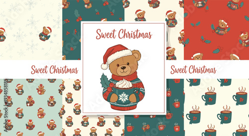 Collection of christmas themed patterns and a central illustration of a teddy bear wearing a santa hat and sweater.