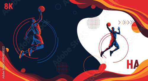 Dynamic Basketball Players in Action with Vibrant Background.