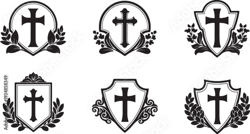 Christian Cross Symbols with Shields and Laurel Wreaths Design