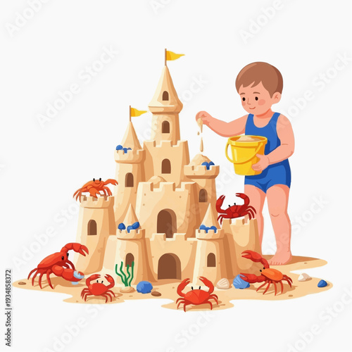 Young boy building a sandcastle at the beach with crabs nearby