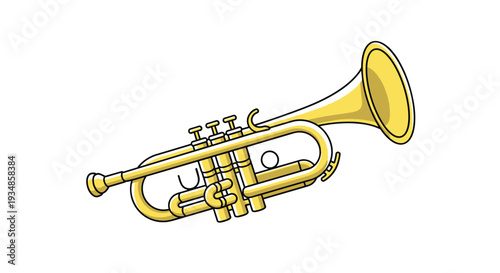 Brass musical instrument or trumpet shown in a detailed vector illustration style with shiny golden metallic finish.