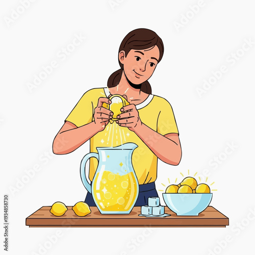Woman making fresh lemonade, squeezing lemons into a pitcher with ice.
