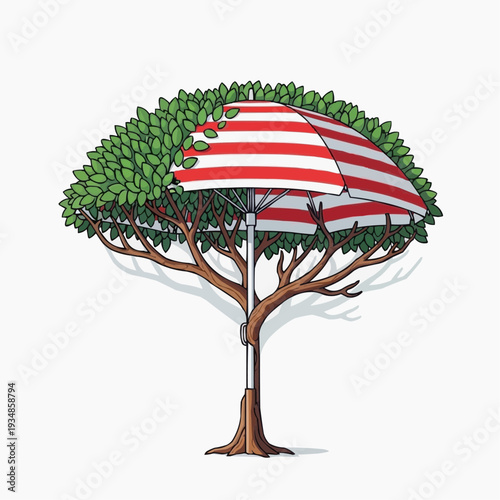 Tree with umbrella canopy and leafy branches, surreal nature concept