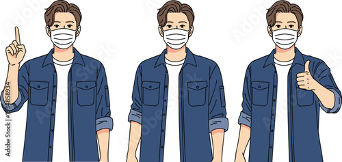 Man wearing medical face mask showing different gestures, health protection concept illustration isolated on white background design