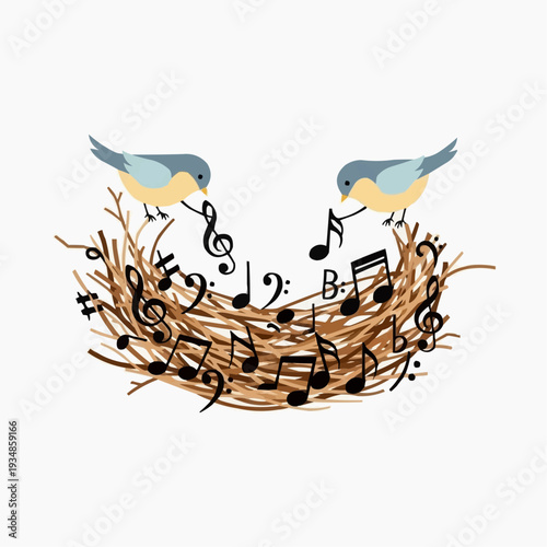 Two birds in a nest singing with musical notes, nature's melody.