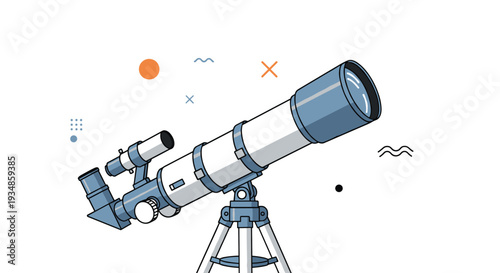 Scientific telescope mounted on a tripod for astronomical observation surrounded by abstract geometric shapes and symbols.