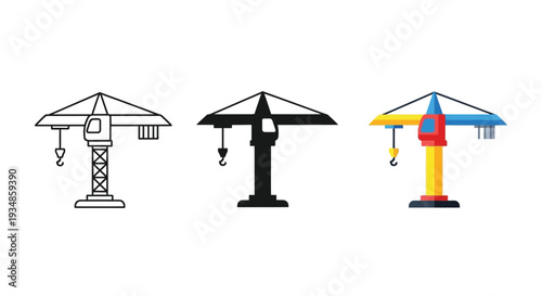 Collection of tower crane icons showcasing line outline solid silhouette and colorful flat vector graphic design styles