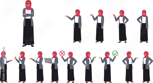 Muslim businesswoman character set with different gestures and presentation poses, professional corporate illustration isolated on white background design