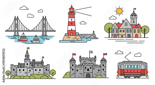 Diverse set of colored line icons depicting various architectural landmarks including bridges lighthouses and castles.