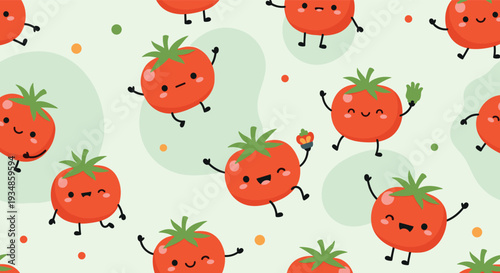 Fun and cheerful seamless pattern featuring cute smiling tomato characters with different expressions and poses.