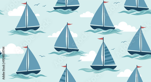 Nautical seamless pattern with various blue sailboats white clouds and seagulls on a light blue sea background.