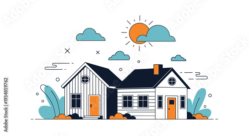 Modern architectural houses with a sun and clouds in the sky shown in a clean line art vector illustration style.