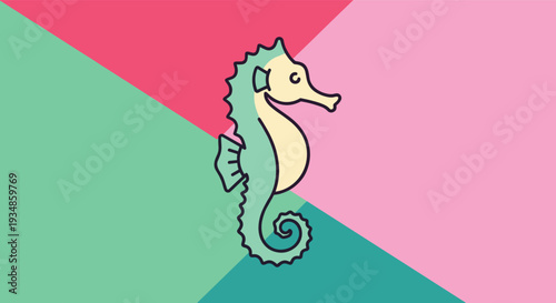 Seahorse sea creature shown as a vector icon on a vibrant geometric background of green red and pink sections.