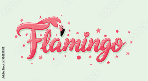 Flamingo word art design with a pink flamingo bird head, stars, and heart elements on a soft mint green background.