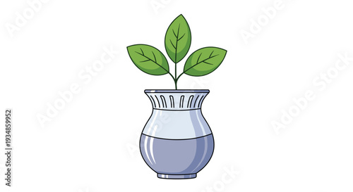Simple illustration of a green leafy plant growing in a blue and white decorative ceramic vase isolated on a white background.