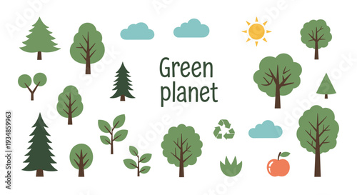 Green planet environmental set featuring various tree icons, clouds, sun, apple, and recycling symbol on a white background.