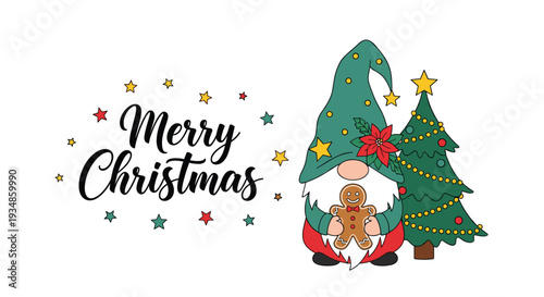 Merry Christmas greeting card featuring a cute garden gnome holding a gingerbread man next to a decorated evergreen tree.