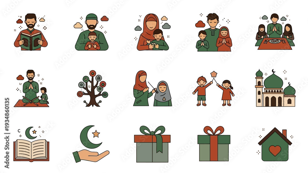 Naklejka premium Collection of Islamic Symbols and Characters Celebrating Eid