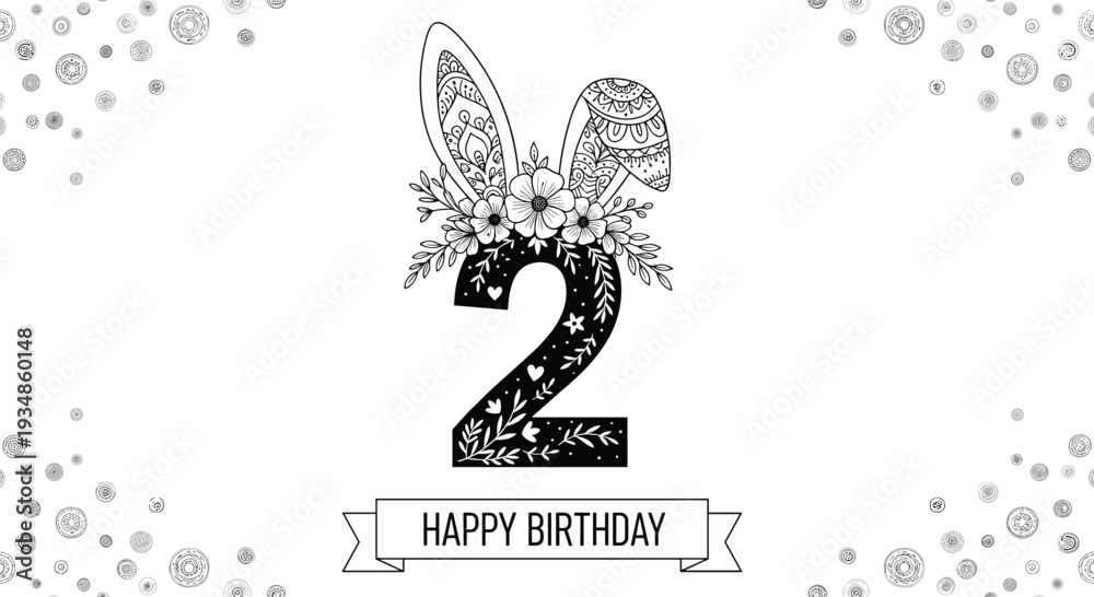 Fototapeta premium Second birthday greeting card with a large decorative number two featuring bunny ears, flowers, and patterns in black and white.