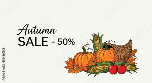Autumn sale promotion banner offering fifty percent off with a cornucopia full of pumpkins, apples, corn, and fall leaves.