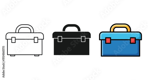 Vector graphic illustration showcasing three distinct styles of a classic portable toolbox design for various industrial and DIY projects.