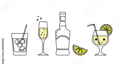 Set of four cocktail and alcohol drink illustrations including whiskey, champagne, and a lemon drink with a smiley face.