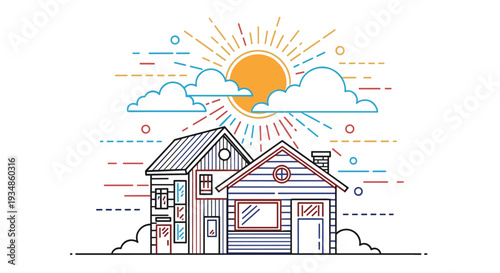 Colorful line art illustration of two cozy houses under a bright sun and fluffy clouds on a clean white background.