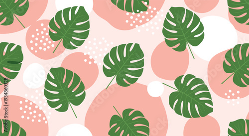 Tropical seamless pattern with green monstera deliciosa leaves and abstract pink and white circles on a light pink background.